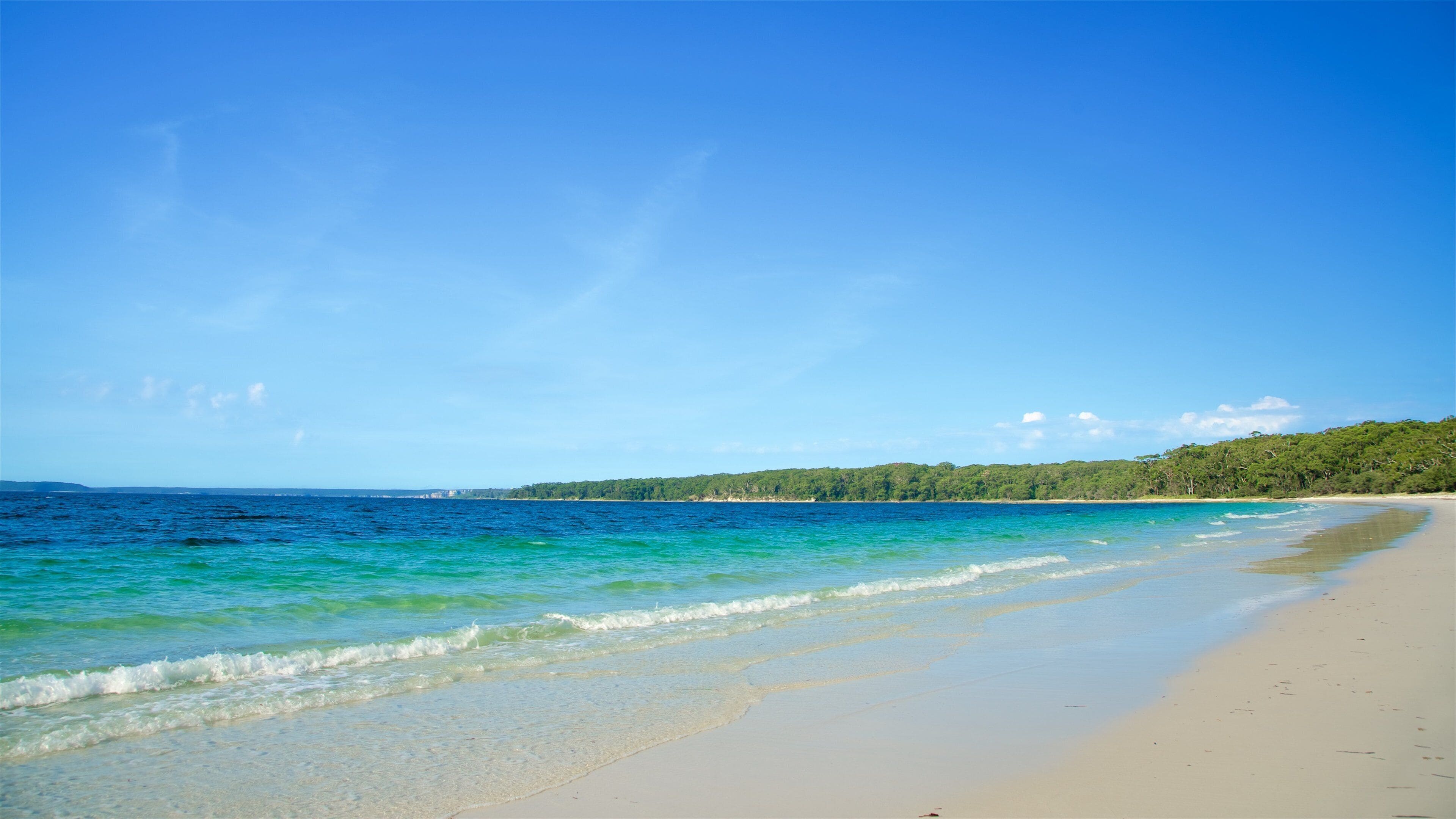 A beach with clear turquoise water, sandy shore, and a forested hill in the background.
