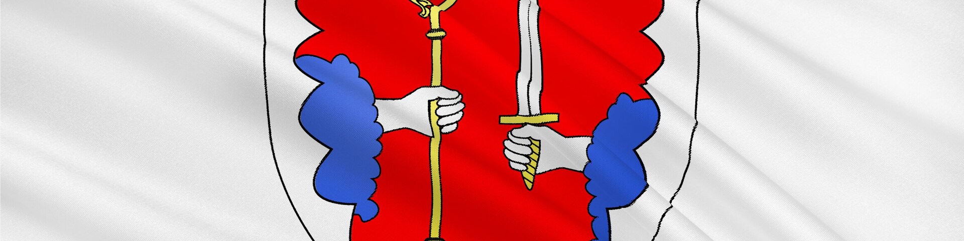 Un escudo con fondo rojo y borde blanco, que presenta una espada y una llave.