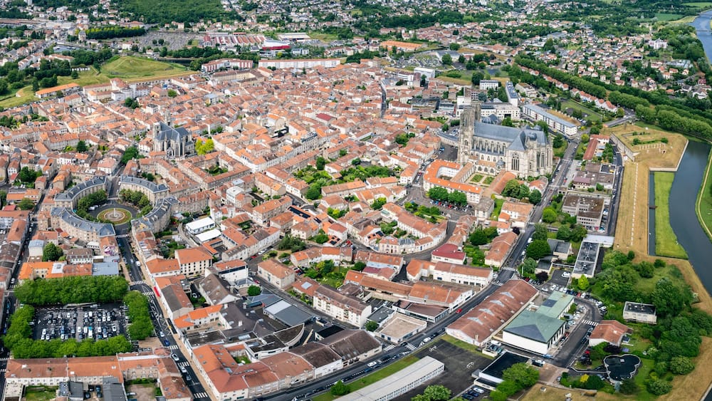 Panorama aerial view of the old town of the city Toul in France on a sunny noon in summer
