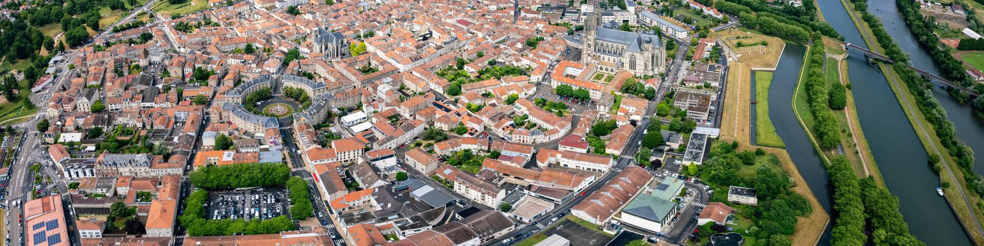 Panorama aerial view of the old town of the city Toul in France on a sunny noon in summer