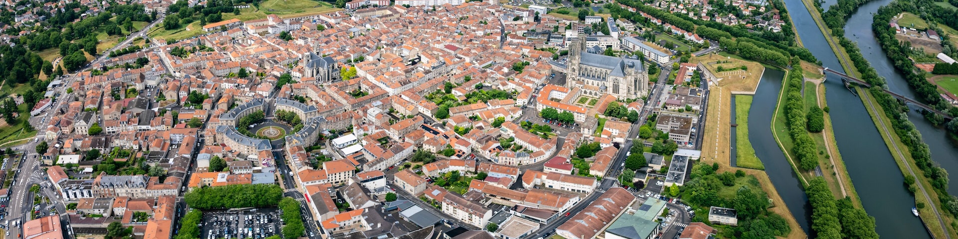 Panorama aerial view of the old town of the city Toul in France on a sunny noon in summer