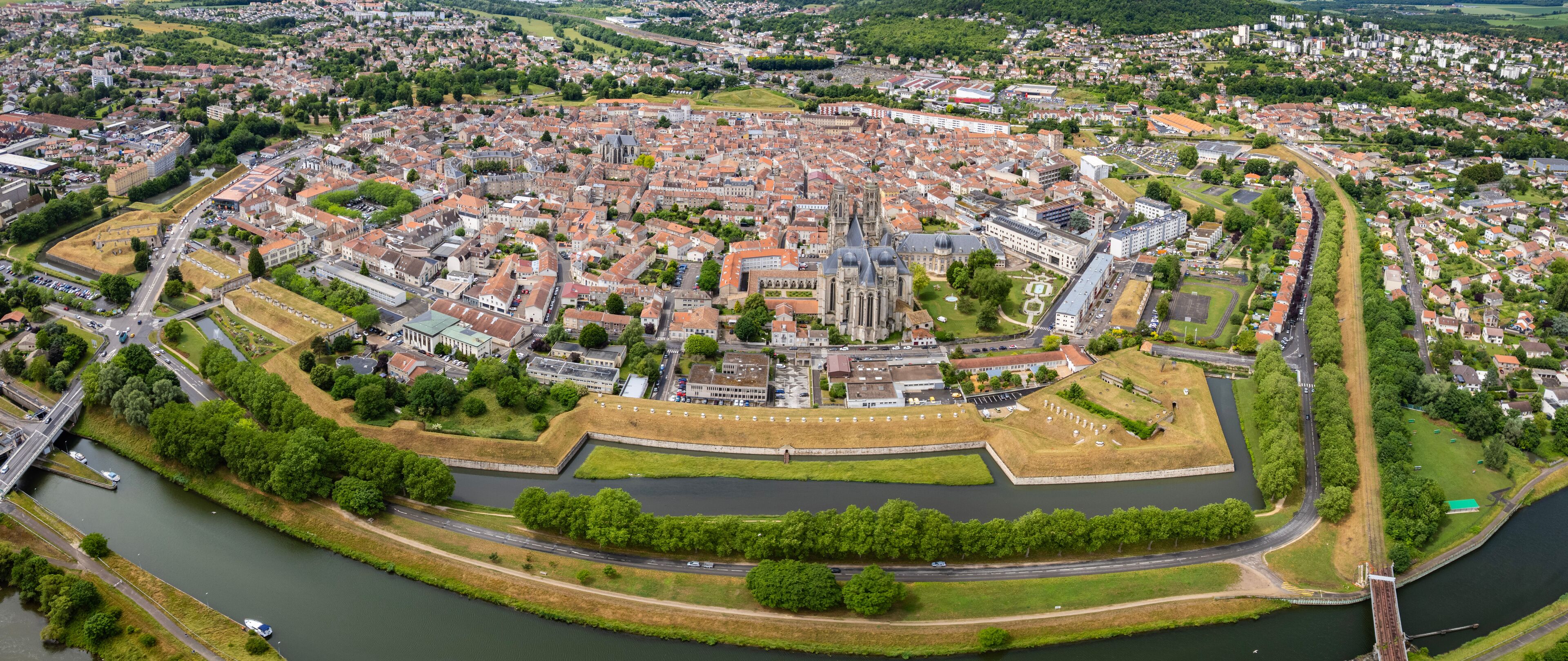 Panorama aerial view of the old town of the city Toul in France on a sunny noon in summer