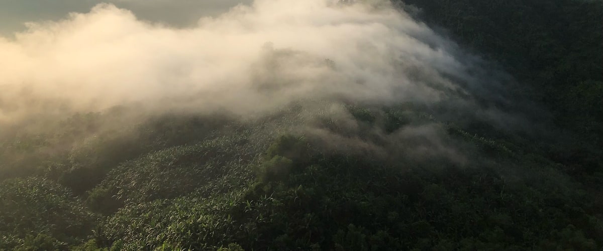 A mountainous landscape with dense fog covering the valleys.