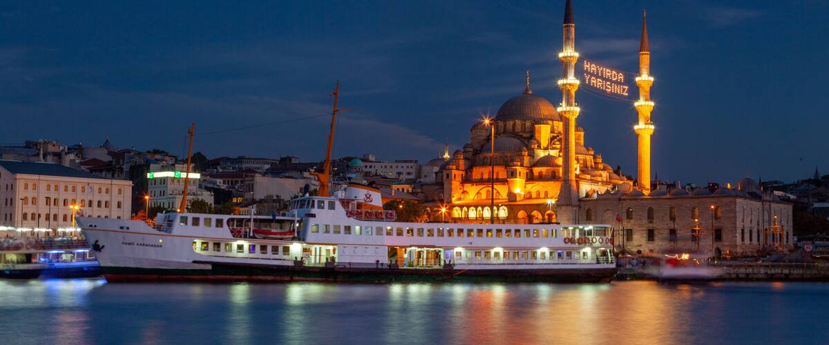 New Mosque showing a coastal town, a bay or harbor and heritage architecture