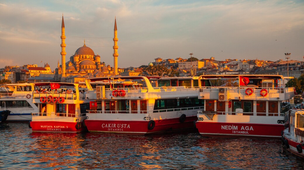 New Mosque which includes a sunset, a bay or harbor and heritage architecture