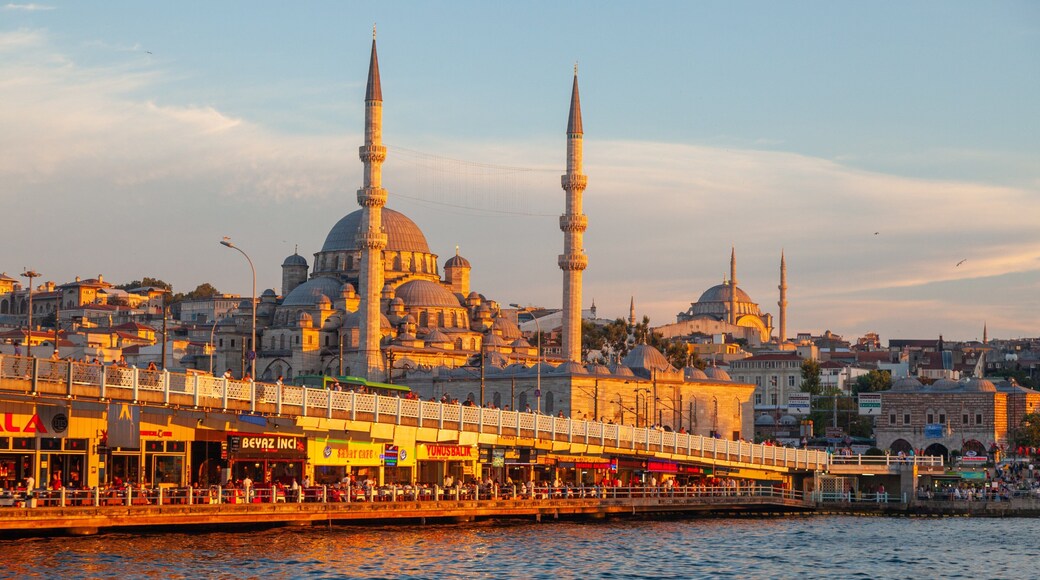 New Mosque showing a sunset, a city and a bay or harbor
