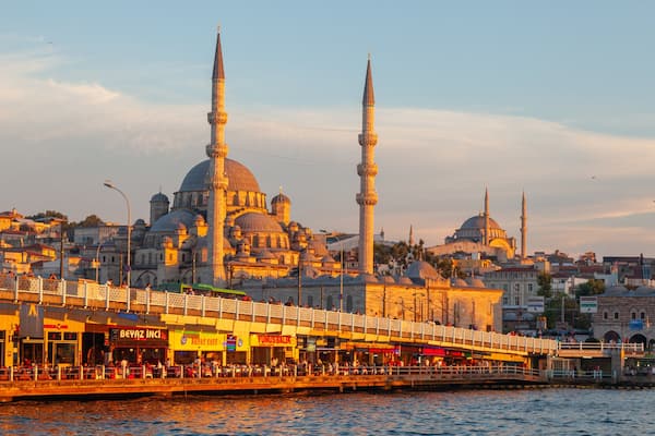 New Mosque showing a sunset, a city and a bay or harbor