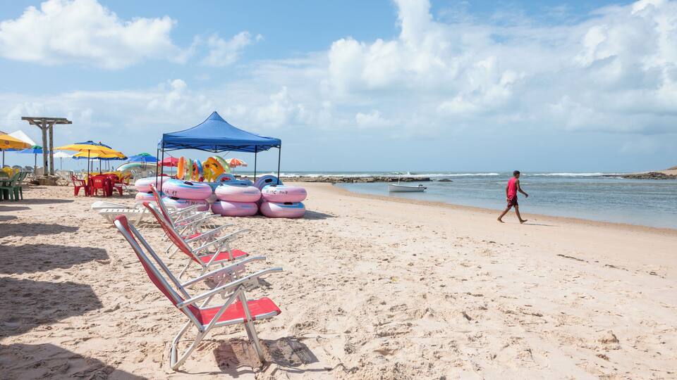 A beach with rows of beach chairs, colorful umbrellas, and a person walking along the shore.