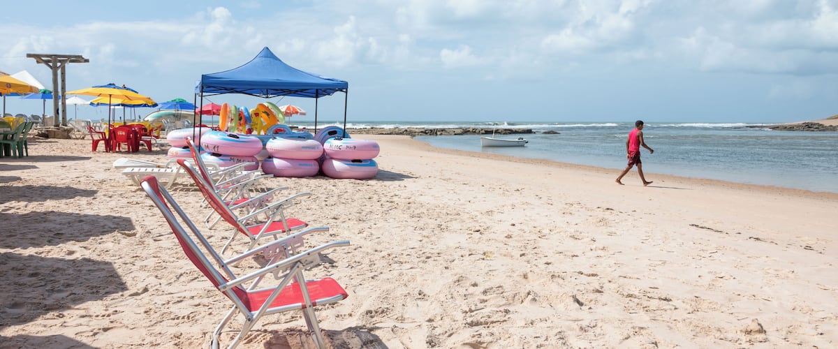 A beach with rows of beach chairs, colorful umbrellas, and a person walking along the shore.