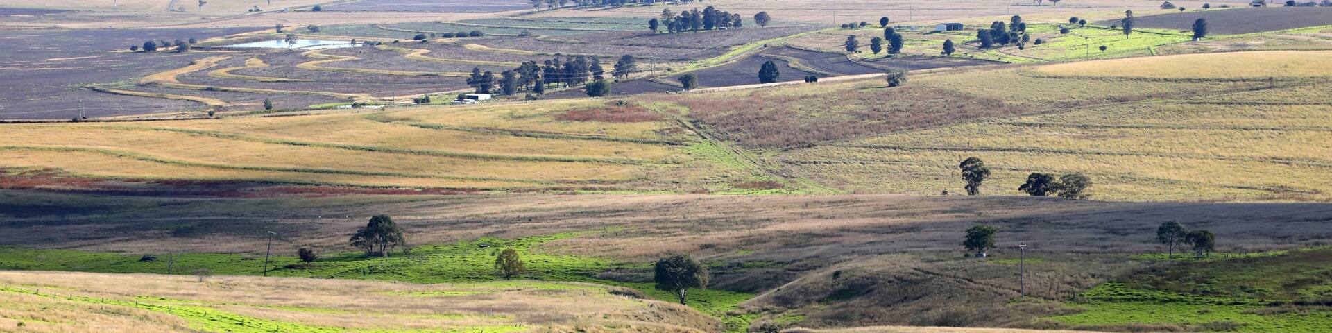 Views of the country town of Killarney in Queensland Australia. With rolling hills and green paddocks