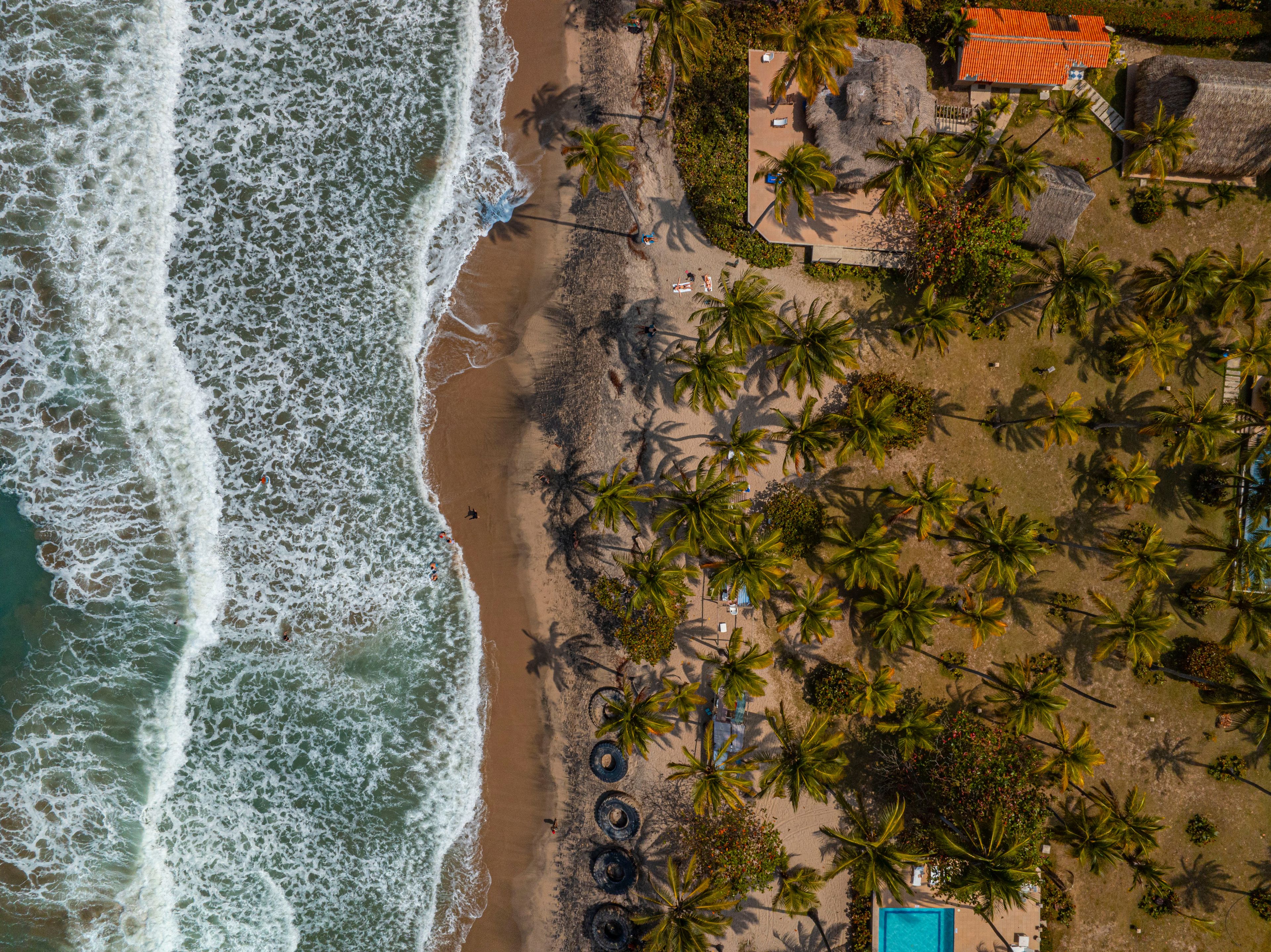A beach with waves, palm trees, and a building with an orange roof.