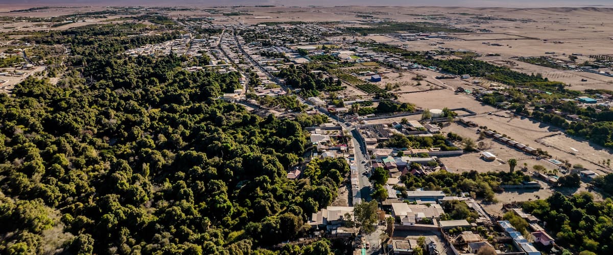 An aerial view of a town with dense green areas, a main road, and distant mountains.