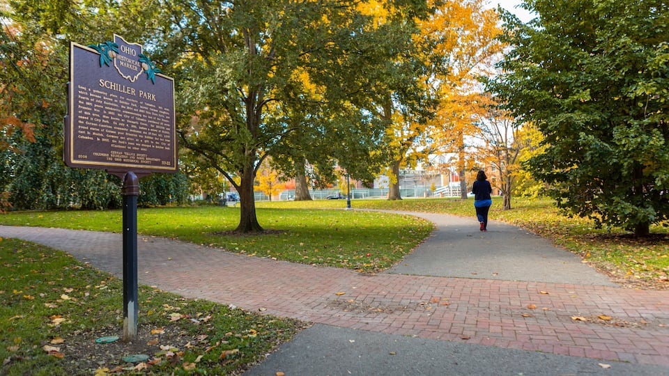 Schiller Park which includes a garden, signage and fall colors