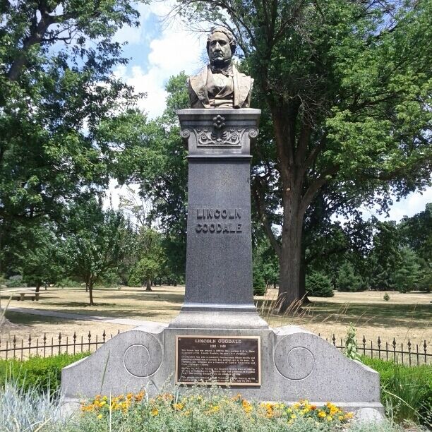 The bronze bust of Lincoln Goodale, the man who donated the land for the park.