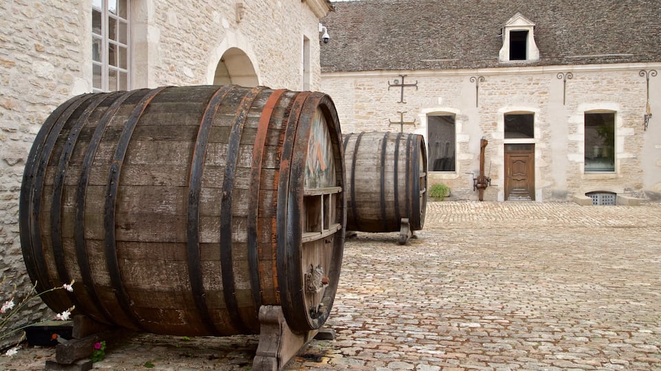 Two large wooden barrels in a cobblestone courtyard with stone buildings in the background.