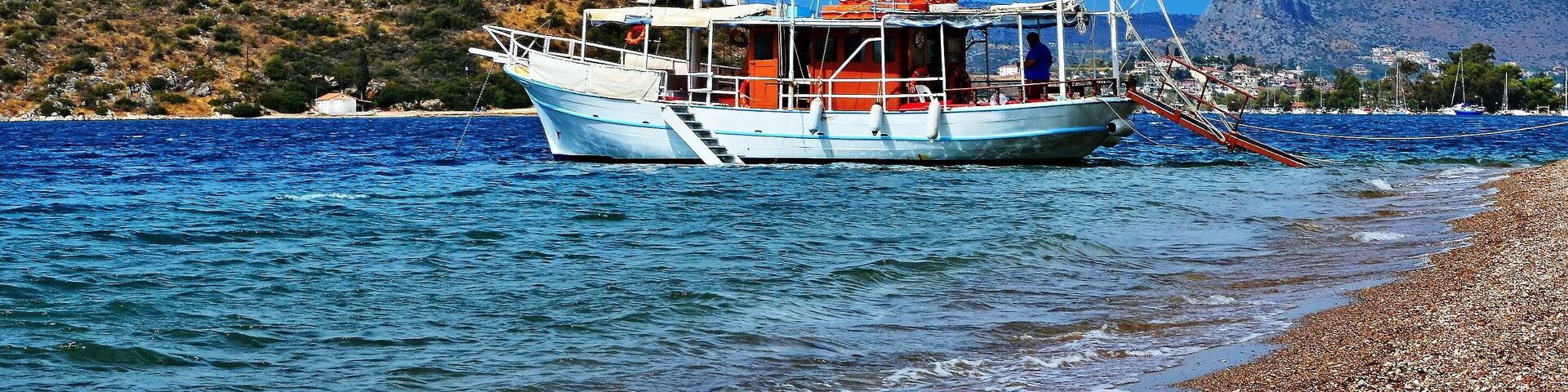 Greece-view of the boat by the coast near Vivari and Kondyli beach