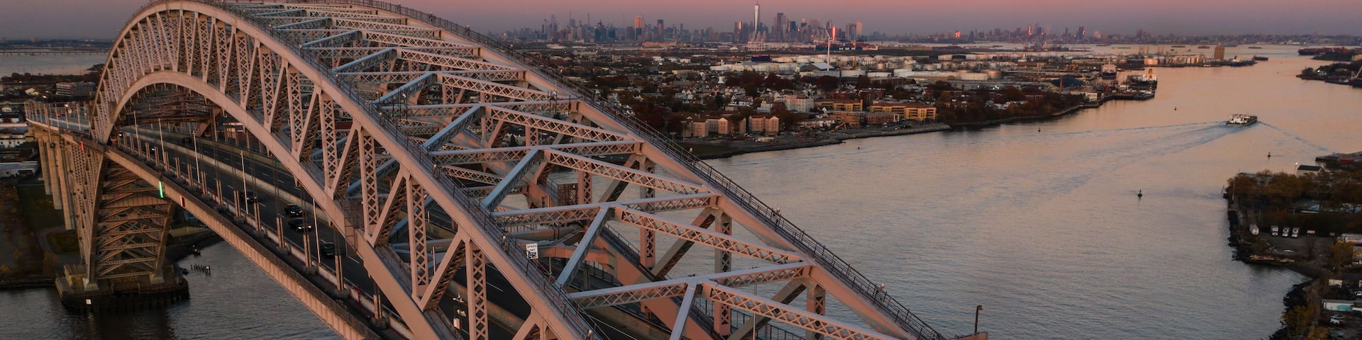 Historic Bayonne Suspended Arch Bridge over Kill Van Kull at Sunset - NJ & NY Route 440 - Bayonne, New Jersey & Staten Island, New York City, New York