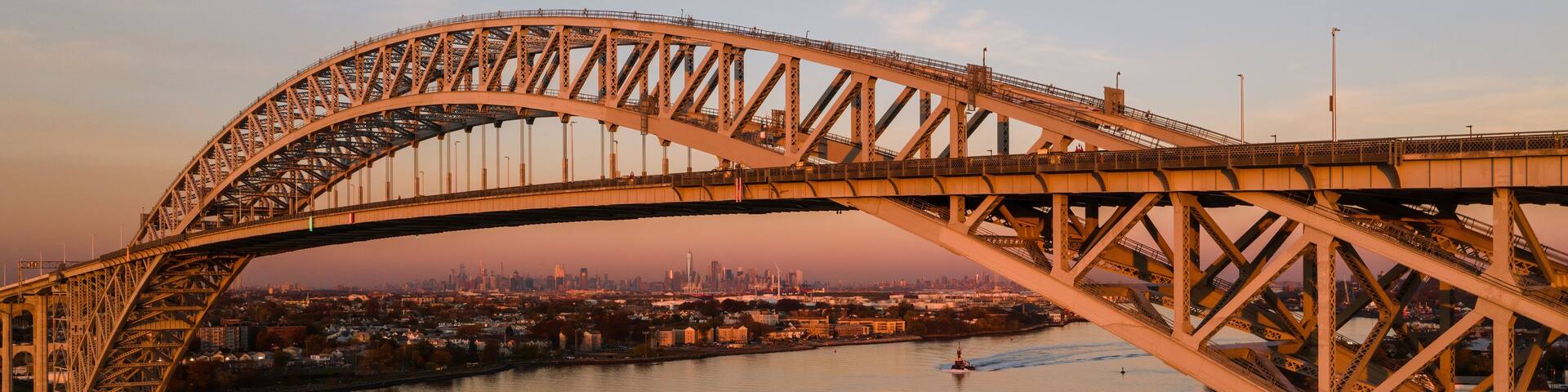Historic Bayonne Suspended Arch Bridge over Kill Van Kull at Sunset - NJ & NY Route 440 - Bayonne, New Jersey & Staten Island, New York City, New York