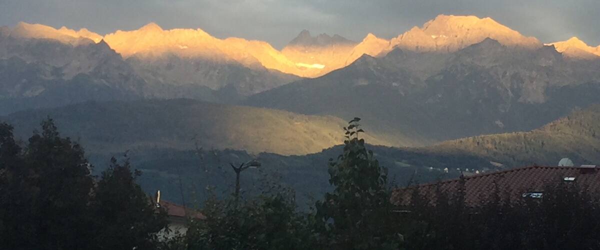 A mountain range with a sunset.
