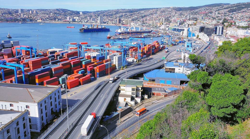 Container terminal in the city port. Valparaiso, Chile.