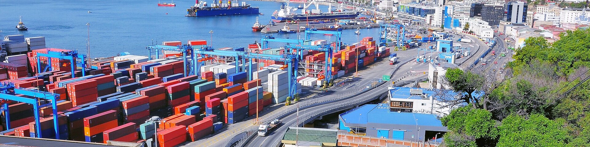 Container terminal in the city port. Valparaiso, Chile.