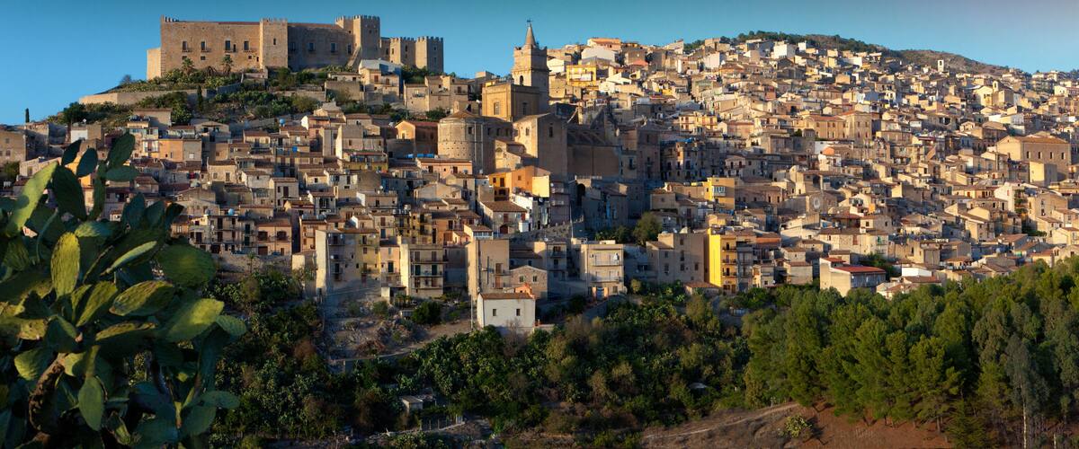 A densely packed hillside town with historic buildings and a prominent castle on top.