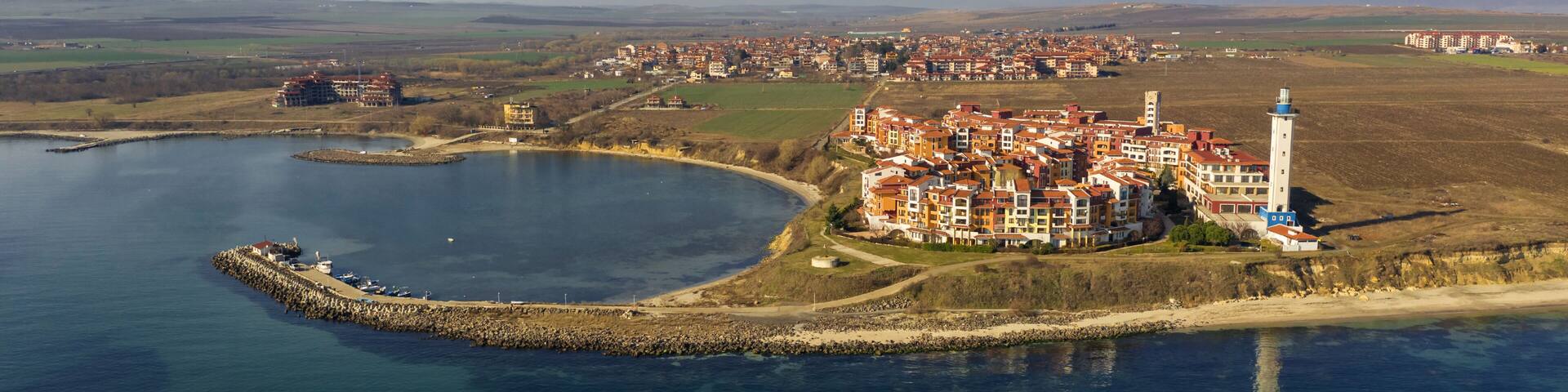 Aerial view into sea resort Aheloy on the Bulgarian Black Sea coast