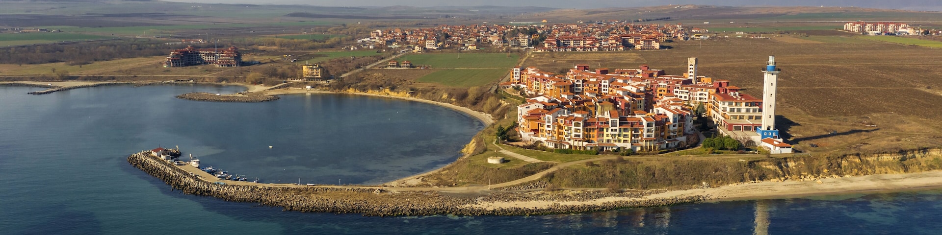 Aerial view into sea resort Aheloy on the Bulgarian Black Sea coast