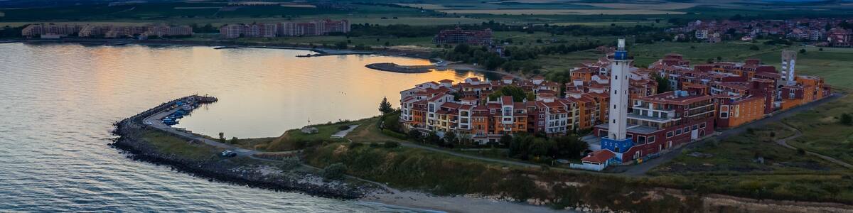 Aerial view to sea resort Aheloy on the Bulgarian Black Sea coast at sunset