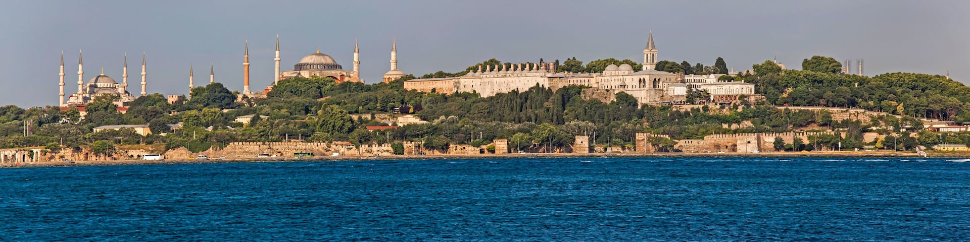 Istanbul's ancient monuments seen from across the Bosphorus, Turkey.; Istanbul, Turkey.