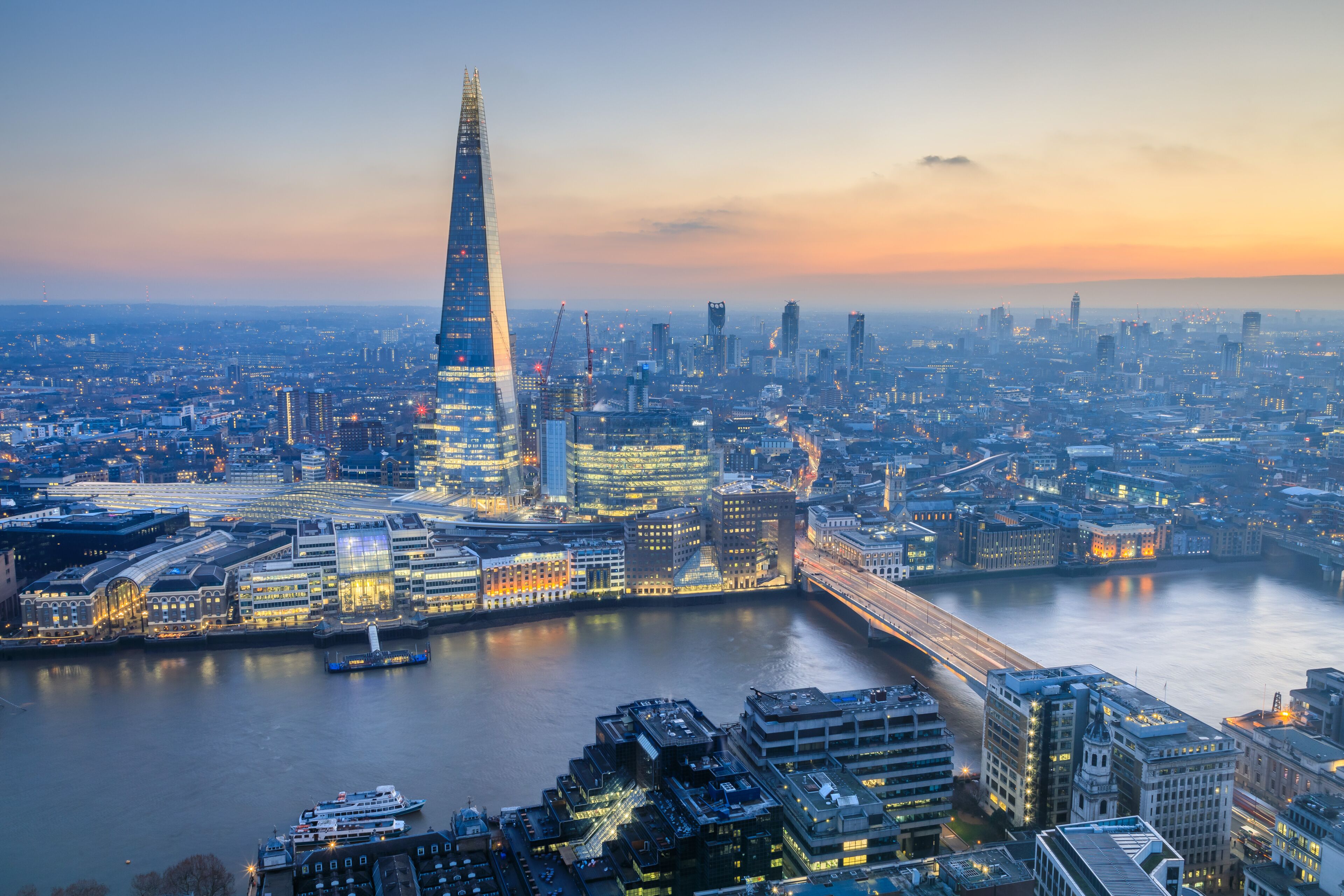 view of London skyline at sunset