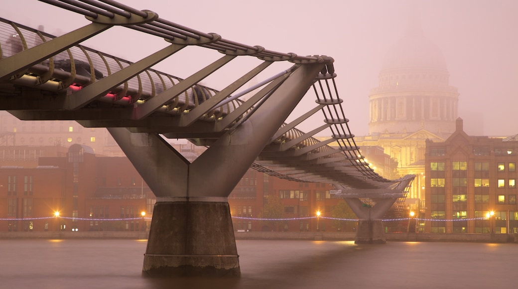 London Millennium Footbridge showing a bridge, a river or creek and a city