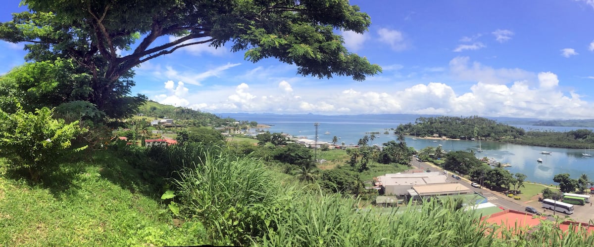 A coastal town with a marina, boats, and lush greenery.