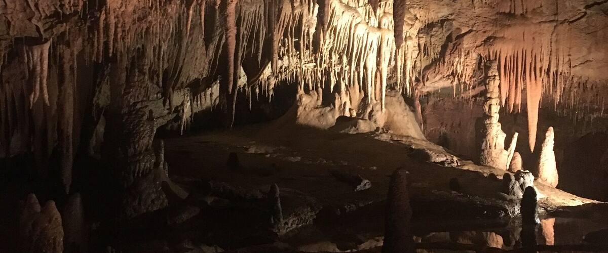 A cave with stalactites and stalagmites.
