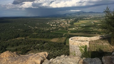 Un paysage rural avec une tour de pierre, des champs et un village situé dans la vallée.