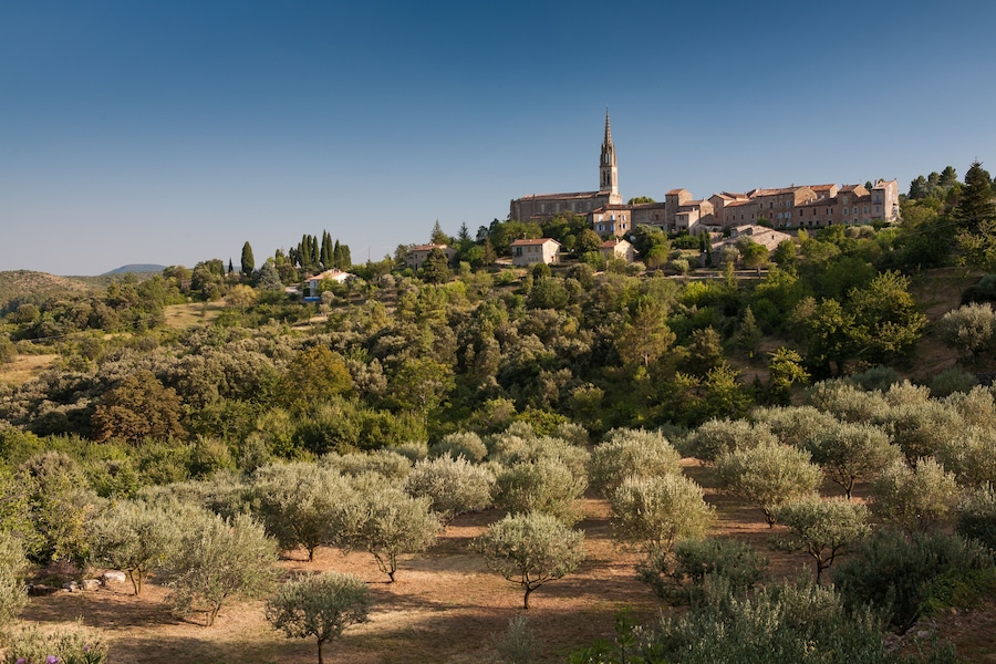 Un pueblo en una ladera con una iglesia destacada que cuenta con un alto campanario, rodeado de olivares y árboles densos.