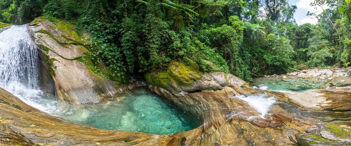 A waterfall cascading over a rocky ledge into a clear pool surrounded by dense forest.