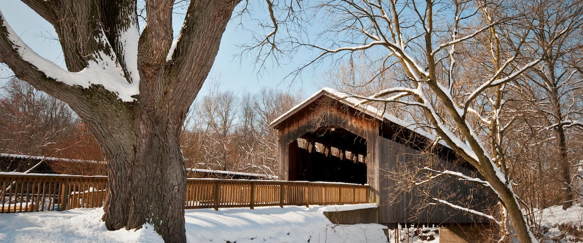 Wintertime at the historic Ada Covered Bridge in Kent County, Michigan.
