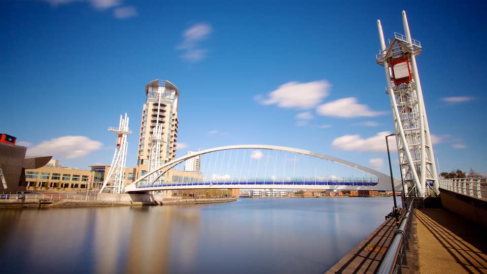 A modern bridge with a glass underside, a tall tower, and a calm river.