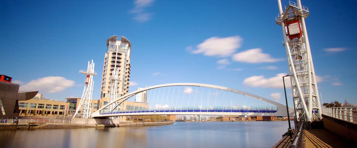 Salford Quays showing a bridge, a river or creek and a city