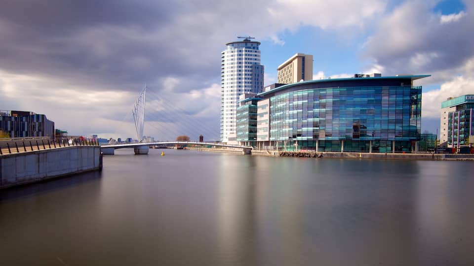 A modern cityscape with a prominent cable-stayed bridge, a tall cylindrical building, and a curved glass building.