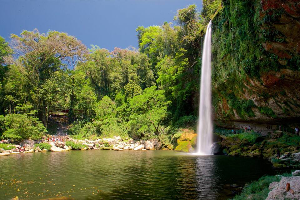 Una cascada que se precipita en un estanque cristalino rodeado de exuberante vegetación y acantilados rocosos.
