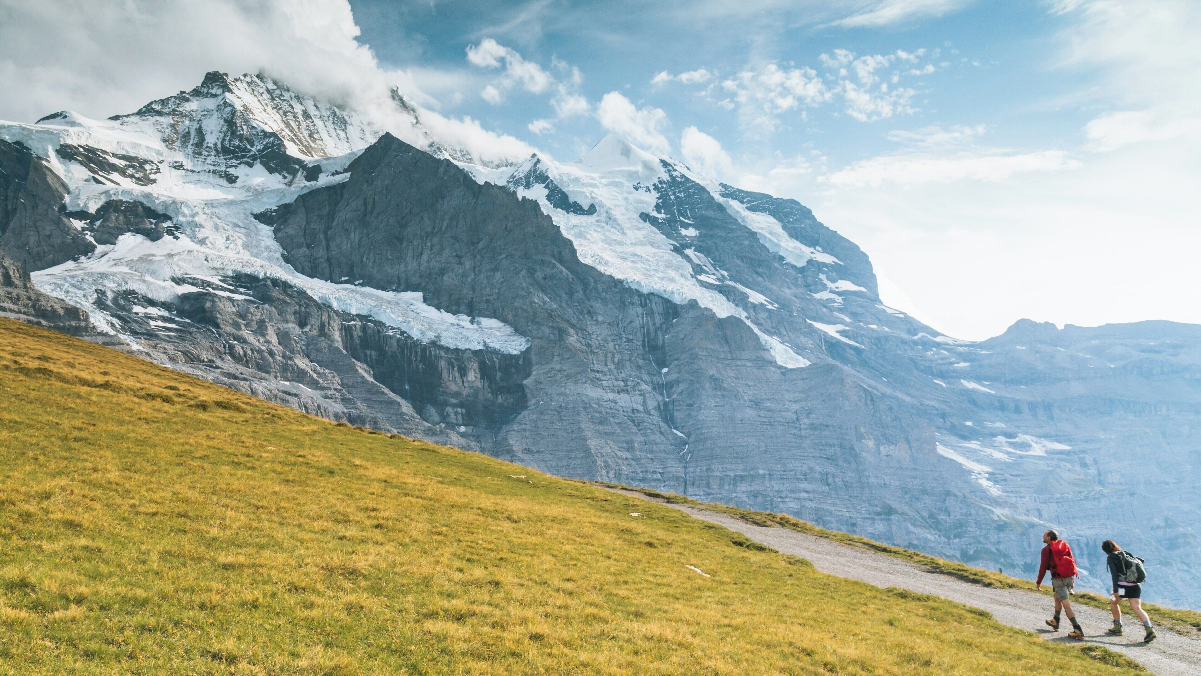 Hikers explore beautiful Kleine Scheidegg in Grindelwald, Canton of Bern, Switzerland with stunning mountain views and summer greenery
