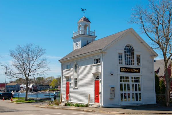 Seaside No.1 historic fire station at 14 Church Street in historic town center of Manchester-by-the-Sea, Cape Ann, Massachusetts MA, USA.