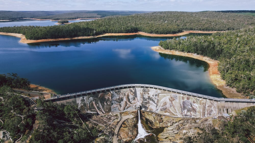 View of mural artwork on a dam wall in Wellington National Park near Collie in Western Australia