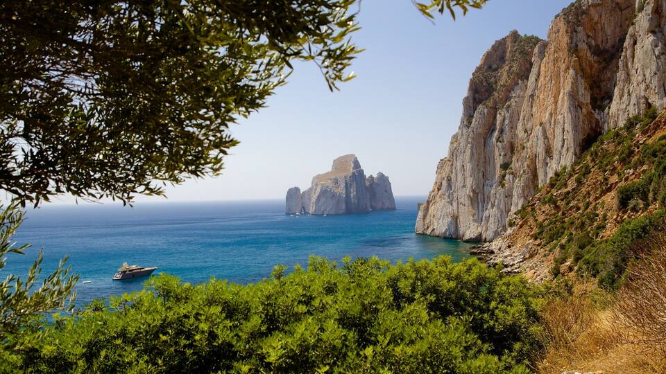 A coastal landscape with a prominent rock formation, a boat on the water, and lush greenery in the foreground.