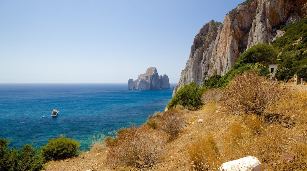 Porto Flavia som inkluderer kyst og stenete kystlinje