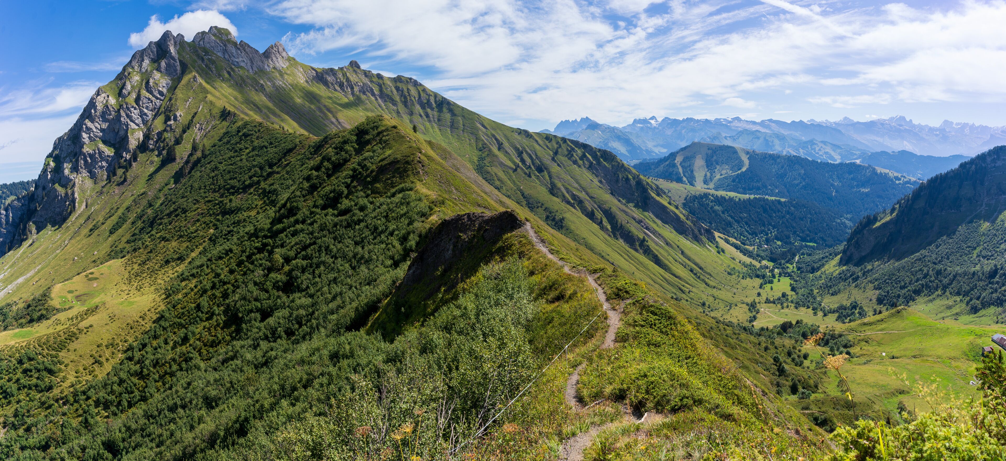 A mountain range with a clear sky and a winding path.
