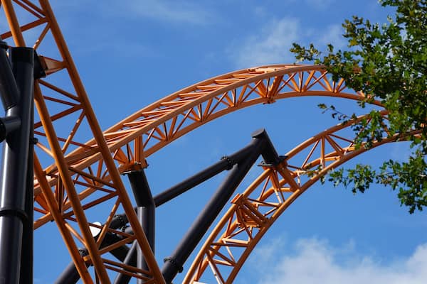 Orange-coloured roller coaster tracks of an extreme roller coaster, crossing under a blue sky and a tree in the foreground