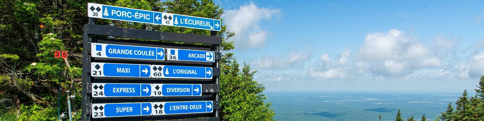 Un cartel de indicaciones con varios números de ruta y nombres, rodeado de exuberante vegetación y una vista panorámica de montañas distantes.